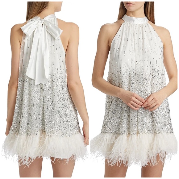 Alice + Olivia ERNA White Silver Feather Sequin Mini Dress Neck Tie - Size 2 - Picture 1 of 9